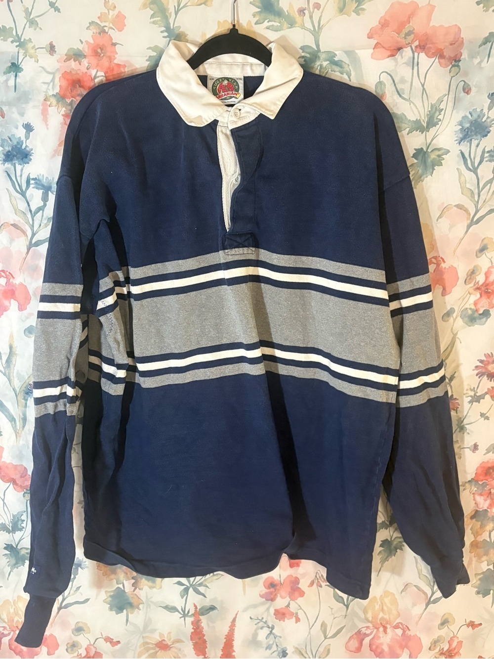 Vintage Classic Navy Stripe Rugby Shirt with White Collar